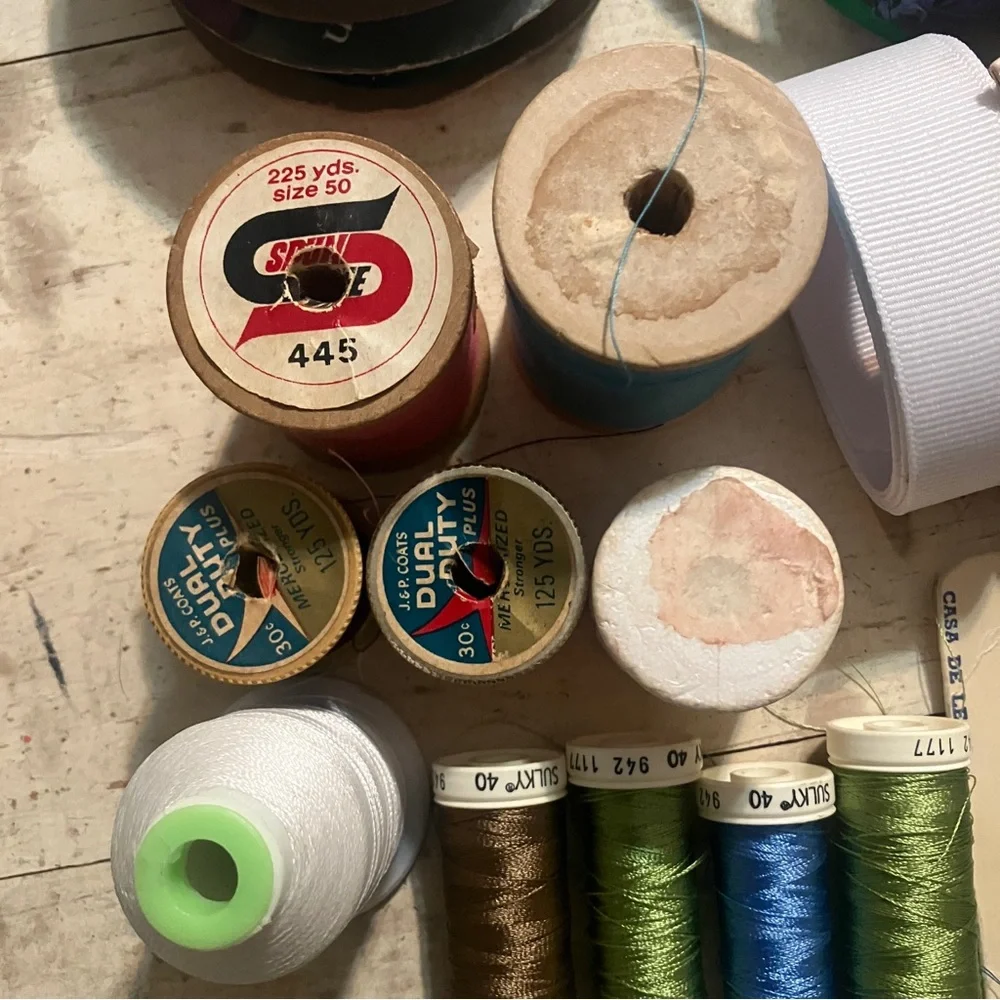 Misc. Lot of Vintage & Modern Sewing Supplies Thread, Ribbons, Buttons, Fabric